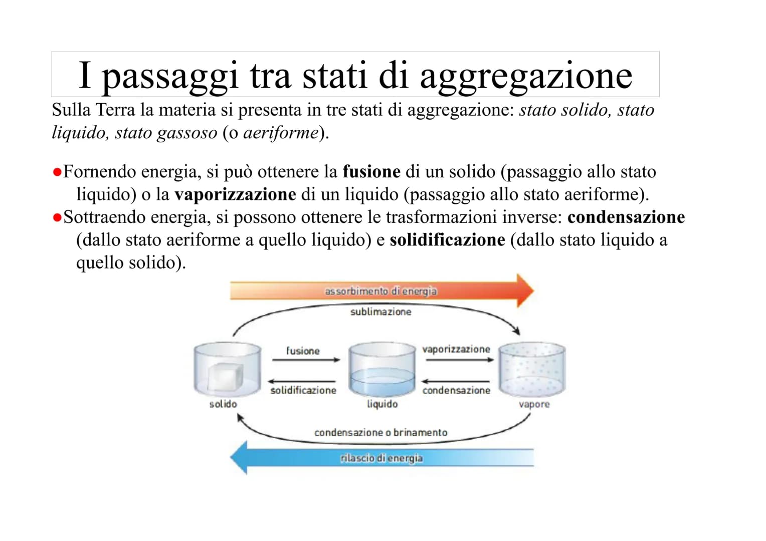 I passaggi tra stati di aggregazione
Sulla Terra la materia si presenta in tre stati di aggregazione: stato solido, stato
liquido, stato gas