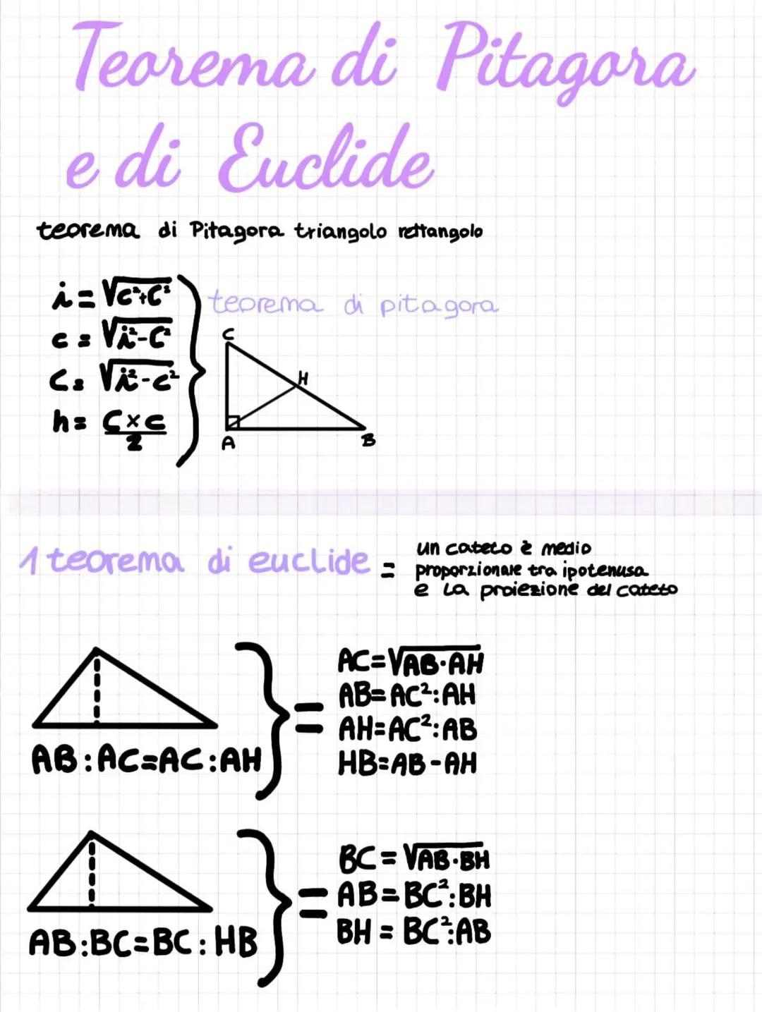 Teorema di Pitagora
e di Euclide
teorema di Pitagora triangolo rettangolo
i=VC+C²
c = VE-C
6. Vi-e
h= cxc
teorema di pitagora
A
1 teorema di