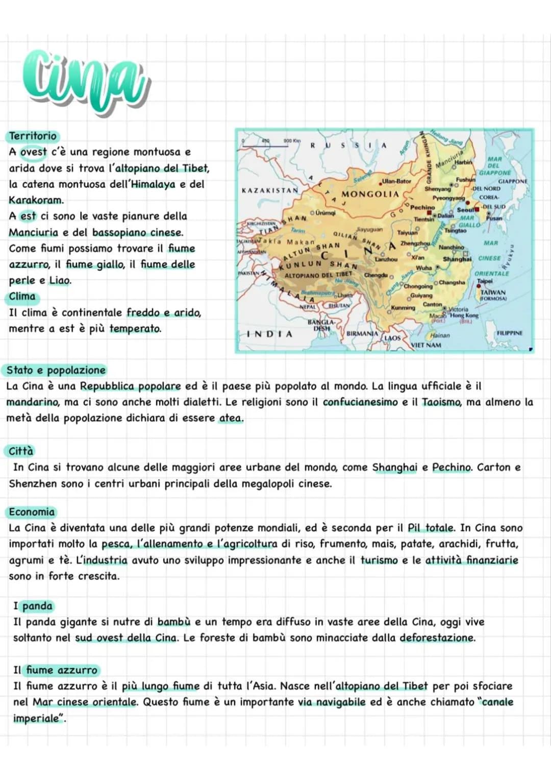cina
Territorio
A ovest c'è una regione montuosa e
arida dove si trova l'altopiano del Tibet,
la catena montuosa dell'Himalaya e del
Karakor