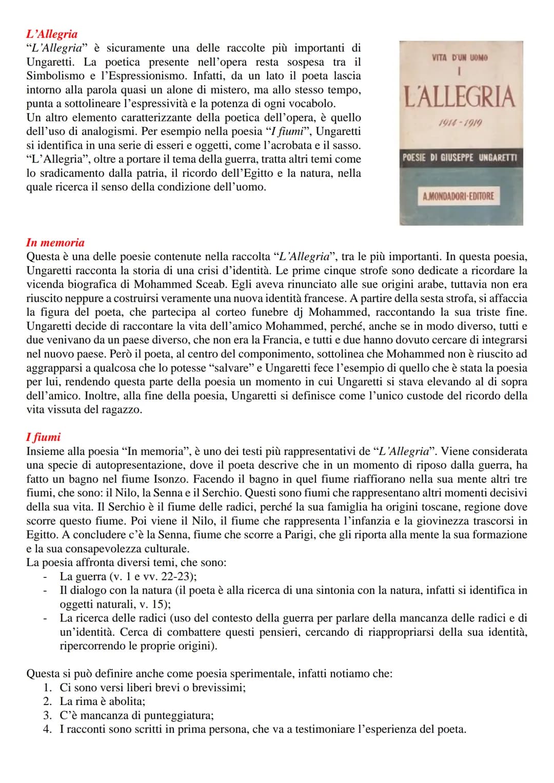 Giuseppe UNGARETTI
Vita
Giuseppe Ungaretti nasce nel 1888 ad Alessandria d'Egitto da genitori
italiani. Nel 1912 si trasferisce a Parigi, do