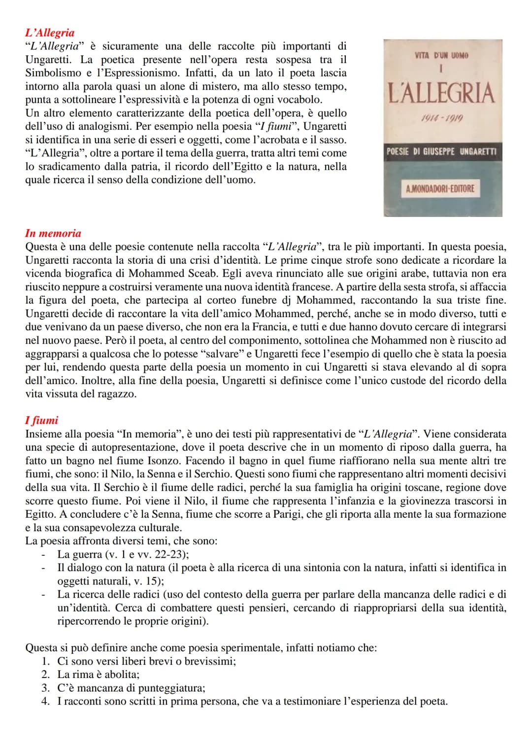 Giuseppe UNGARETTI
Vita
Giuseppe Ungaretti nasce nel 1888 ad Alessandria d'Egitto da genitori
italiani. Nel 1912 si trasferisce a Parigi, do