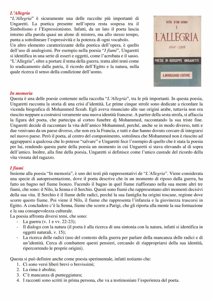 Giuseppe UNGARETTI
Vita
Giuseppe Ungaretti nasce nel 1888 ad Alessandria d'Egitto da genitori
italiani. Nel 1912 si trasferisce a Parigi, do
