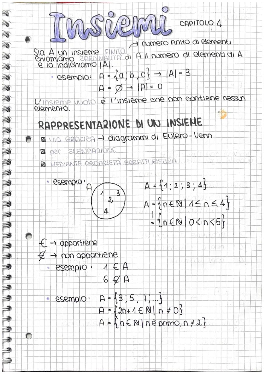 K R R R R R R R A R R R R R A R R R R R R R
C
O
Insiemi
CAPITOLO 4
A numero finito di elementi
Sia A un insieme FINITO.
Chiamiamo CARDINALIT