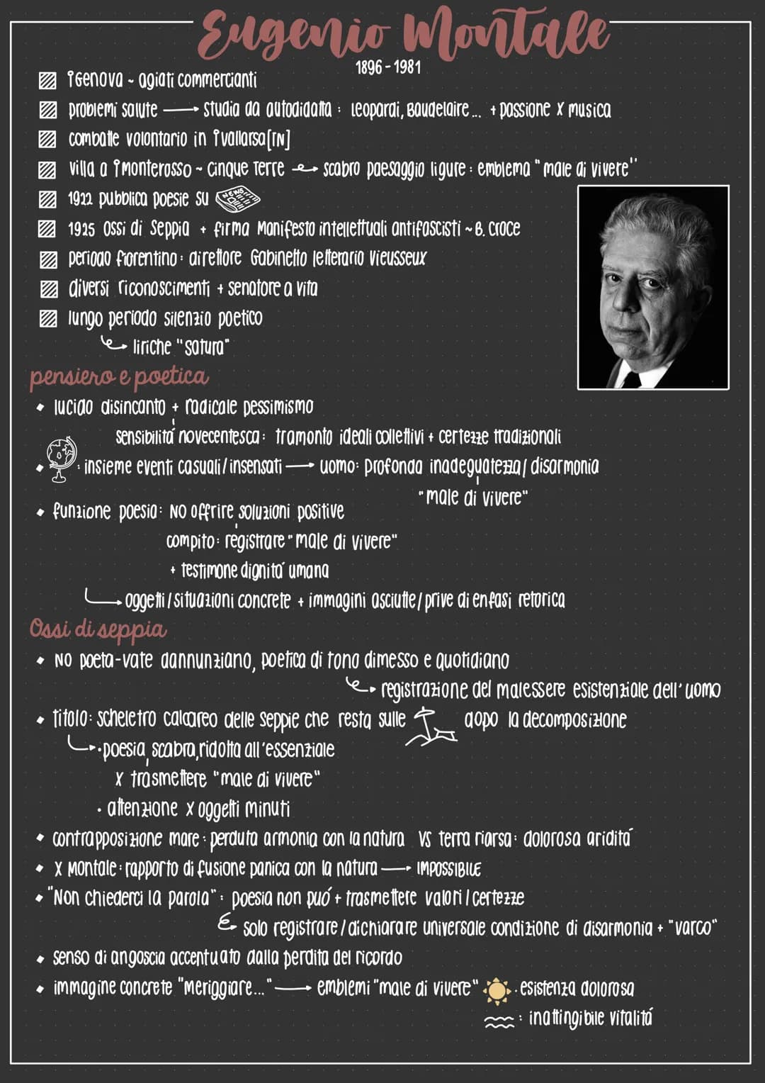 .
-Eugenio Montale
1896-1981
studia da autodidatta Leopardi, Baudelaire... + passione x musica
Genova-agiati commercianti
pensiero e poetica