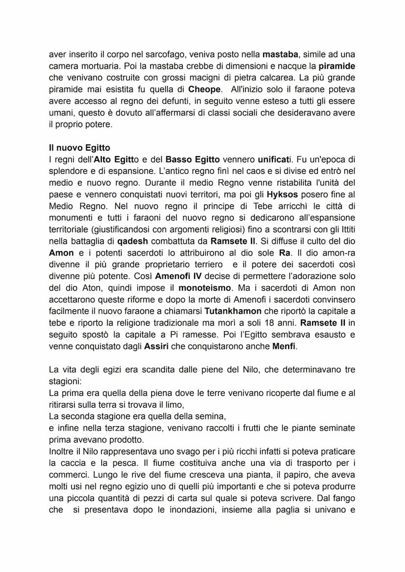 Antico e Nuovo Egitto
Antico Egitto
Anche gli Egizi si svilupparono grazie al fiume Nilo che con le sue inondazioni
annuali allagava i terri