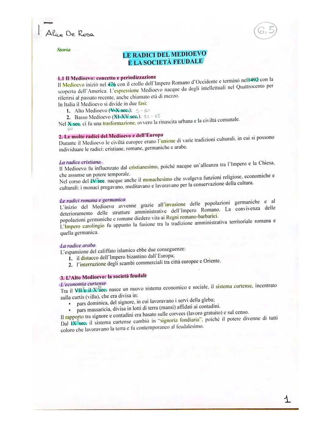 1
Alice De Rosa
Storia
LE RADICI DEL MEDIOEVO
E LA SOCIETÀ FEUDALE
1.1 II Medioevo: concetto e periodizzazione
Il Medioevo iniziò nel 476 co