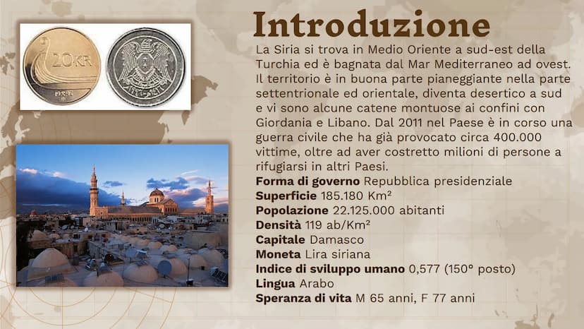 LA SIRIA
Fatto da Ayman-Lorenzo-Sofia-Gloria
F INTRODUZIONE
Popolazione
Capitale
Moneta
Lingua 20KR
PRE
Introduzione
La Siria si trova in Me