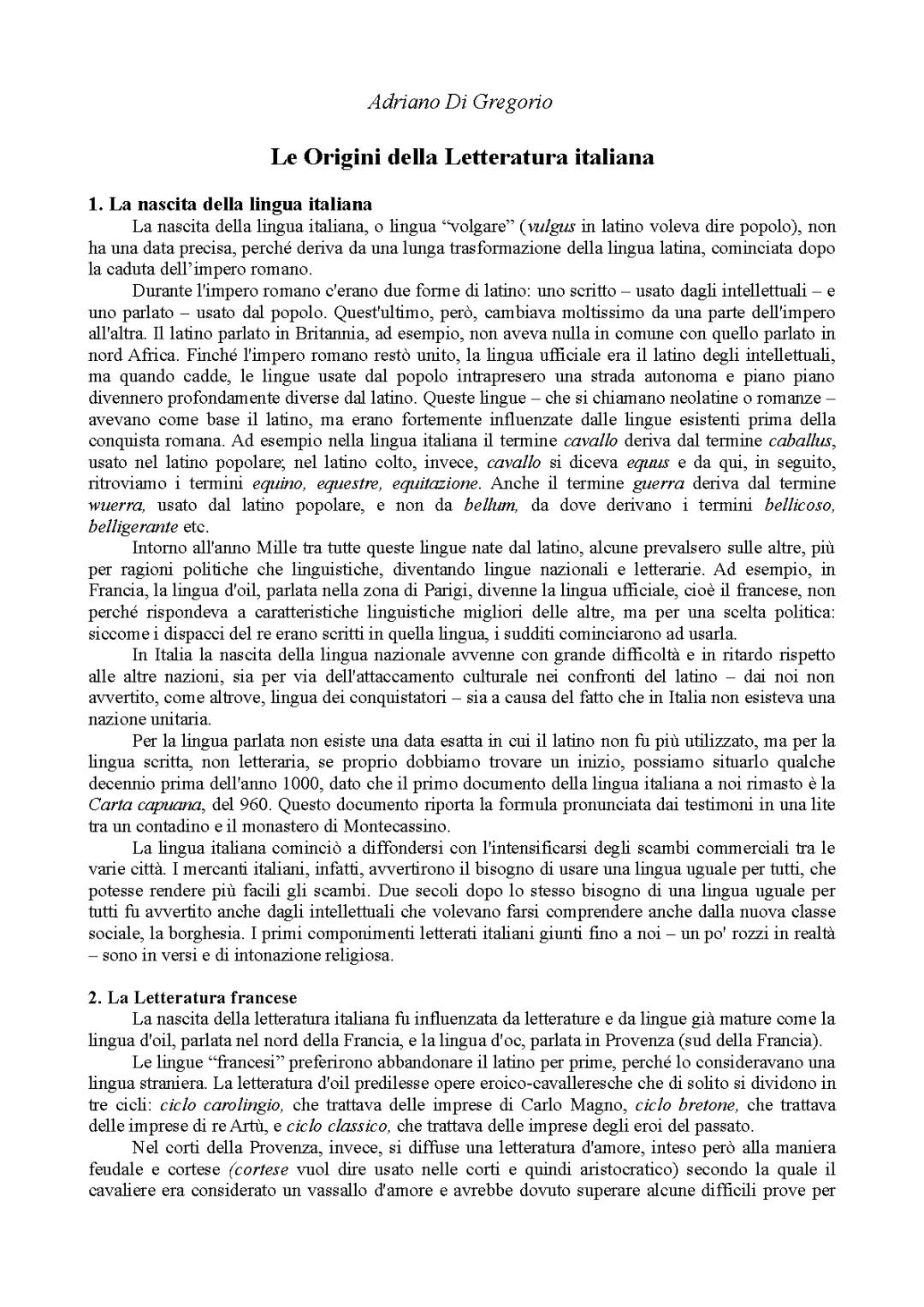 le origini della letteratura italiana 