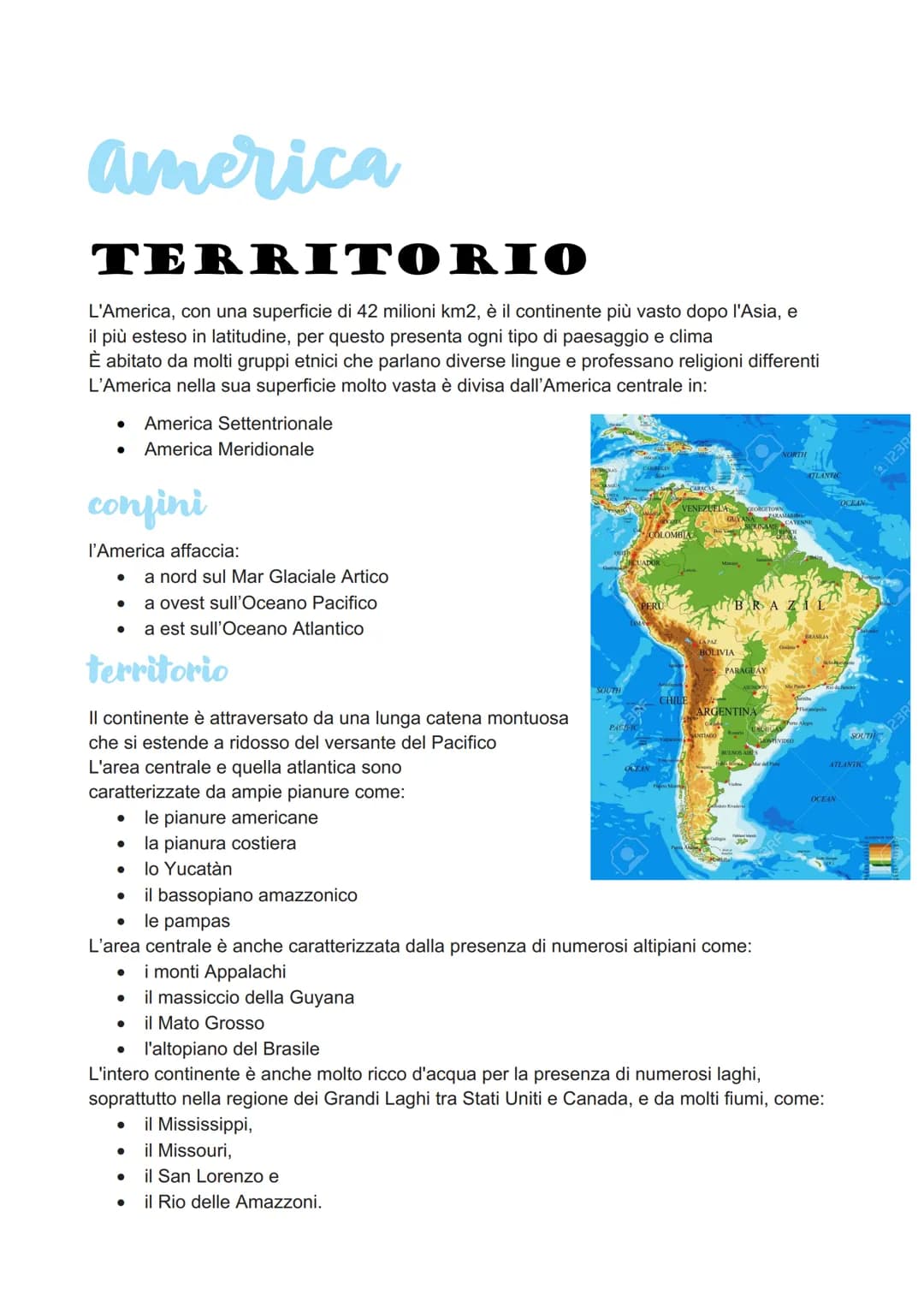 america
TERRITORIO
L'America, con una superficie di 42 milioni km2, è il continente più vasto dopo l'Asia, e
il più esteso in latitudine, pe