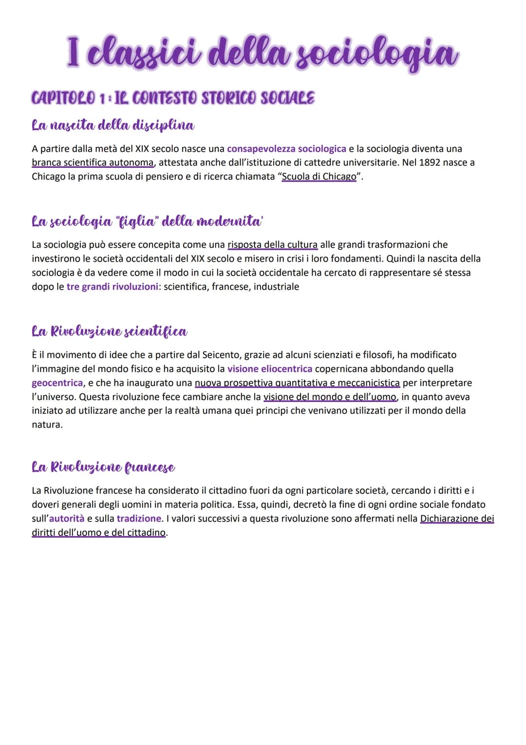 I classici della sociologia
CAPITOLO 1: IL CONTESTO STORICO SOCIALE
La nascita della disciplina
A partire dalla metà del XIX secolo nasce un