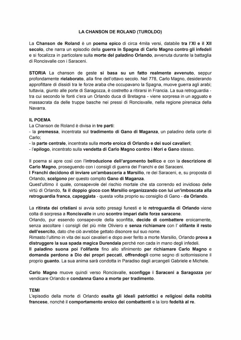 LA CHANSON DE ROLAND (TUROLDO)
La Chanson de Roland è un poema epico di circa 4mila versi, databile tra l'XI e il XII
secolo, che narra un e