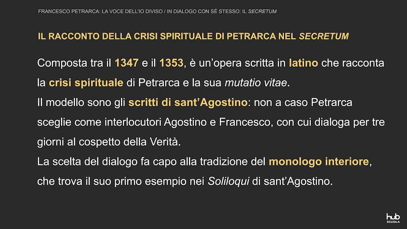 Francesco Petrarca:
la voce dell'io diviso
K «Vuoi dunque sapere
la mia malattia? Non so
saziarmi di libri>>.
Lettera a Giovanni dell'Incisa