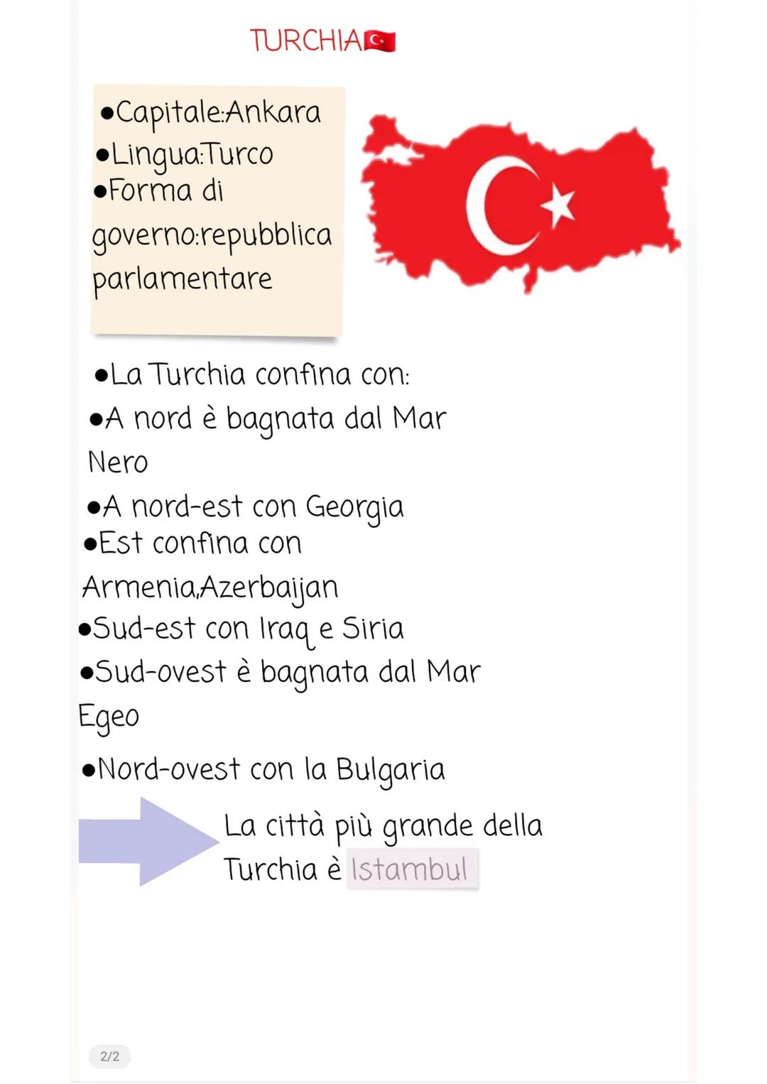 TURCHIA
●Capitale:Ankara
Lingua: Turco
●Forma di
governo:repubblica
parlamentare
La Turchia confina con:
A nord è bagnata dal Mar
Nero
A nor