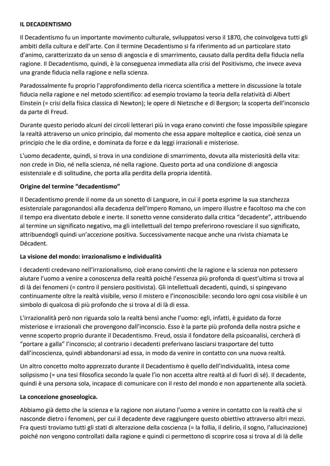 IL DECADENTISMO
Il Decadentismo fu un importante movimento culturale, sviluppatosi verso il 1870, che coinvolgeva tutti gli
ambiti della cul