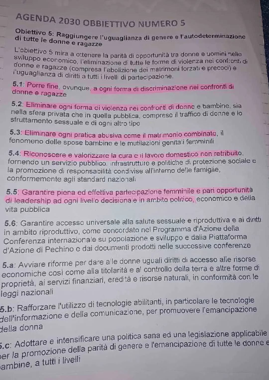 agenda 2030 obbiettivo numero 5