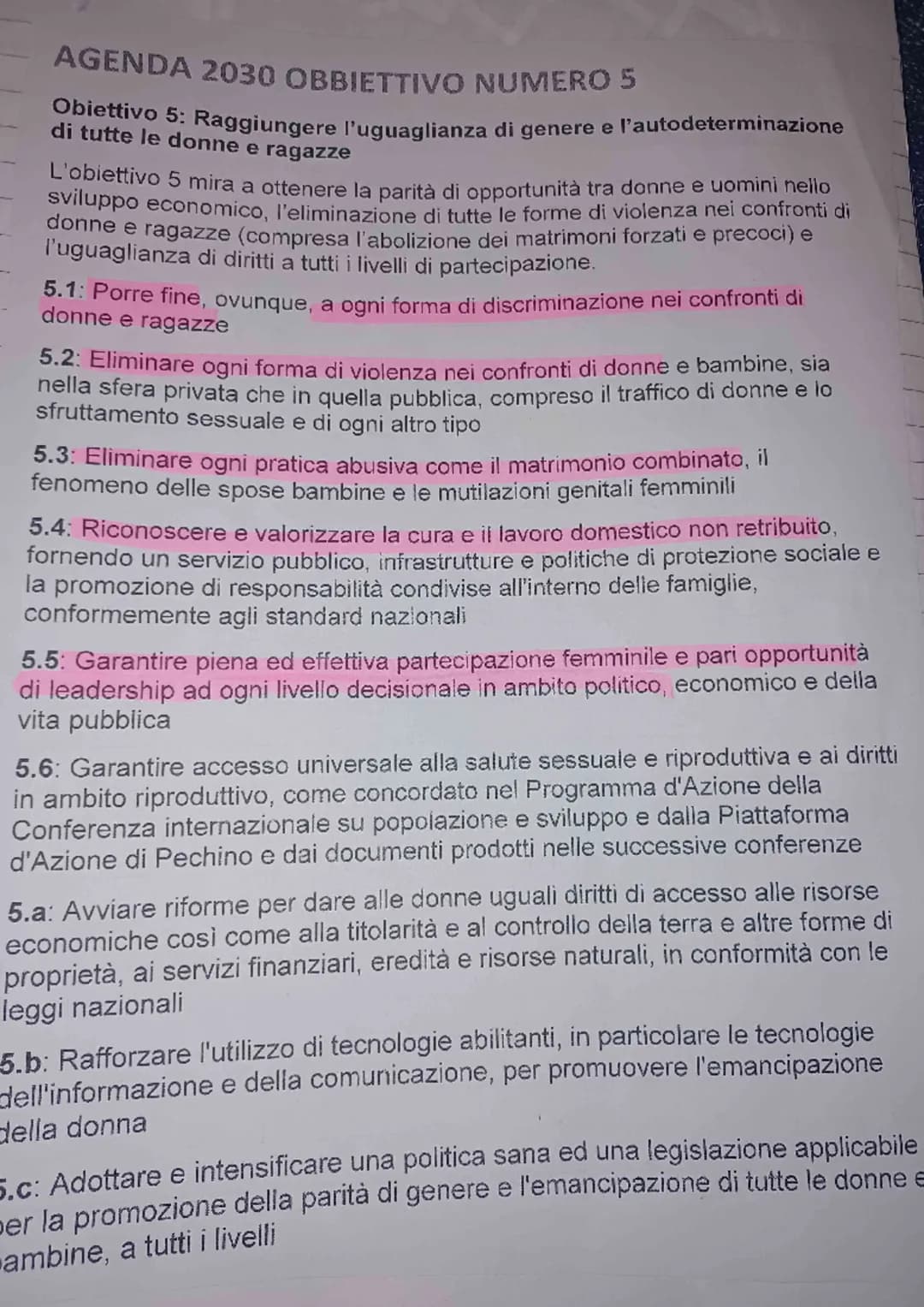 AGENDA 2030 OBBIETTIVO NUMERO 5
Obiettivo 5: Raggiungere l'uguaglianza di genere e l'autodeterminazione
di tutte le donne e ragazze
L'obiett