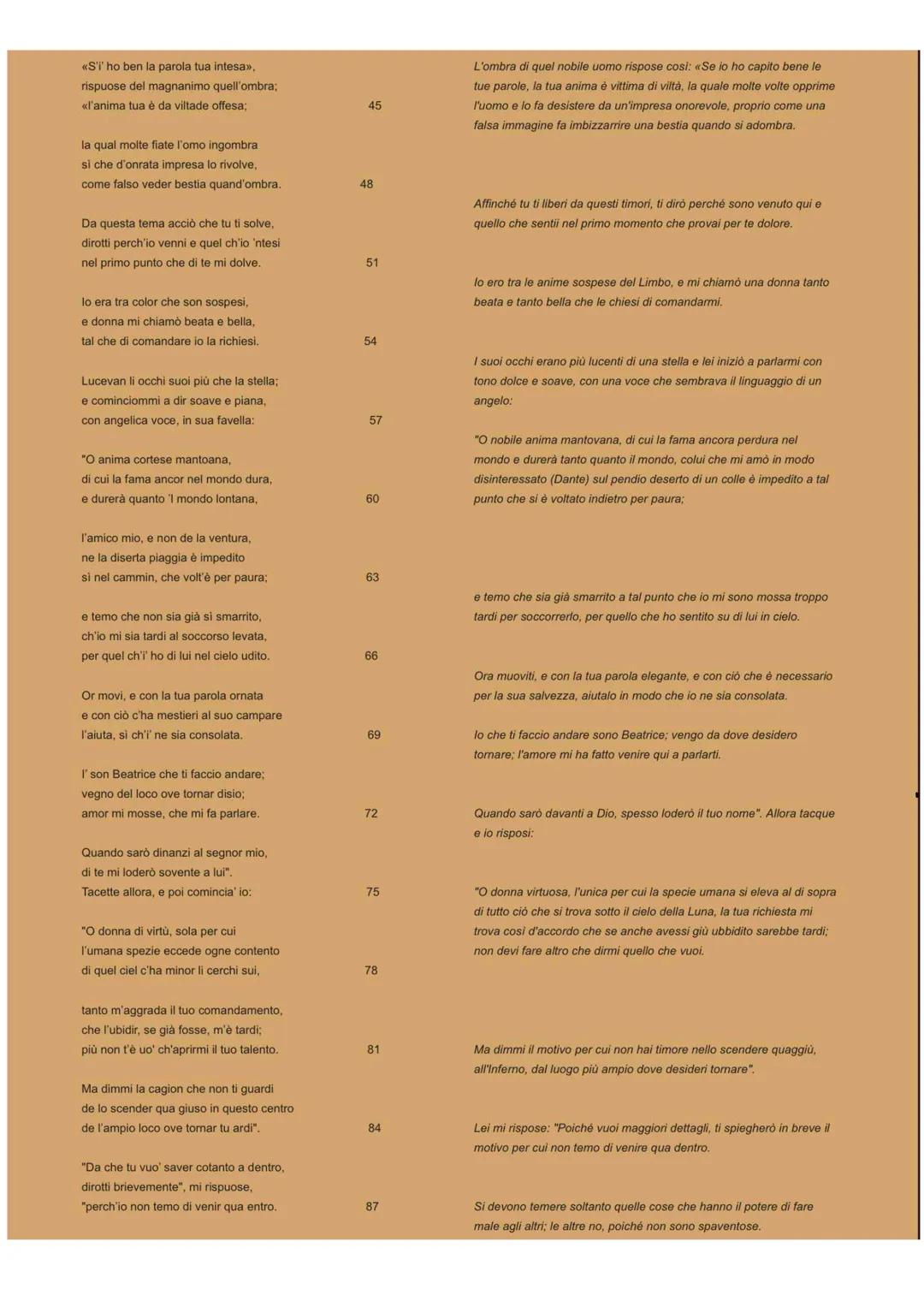 # CANTO I

Argomento del Canto
Dubbi di Dante sul viaggio. virgilio gli spiega che Beatrice gli ha fatto visita nel Limbo ed è
stata a sua v