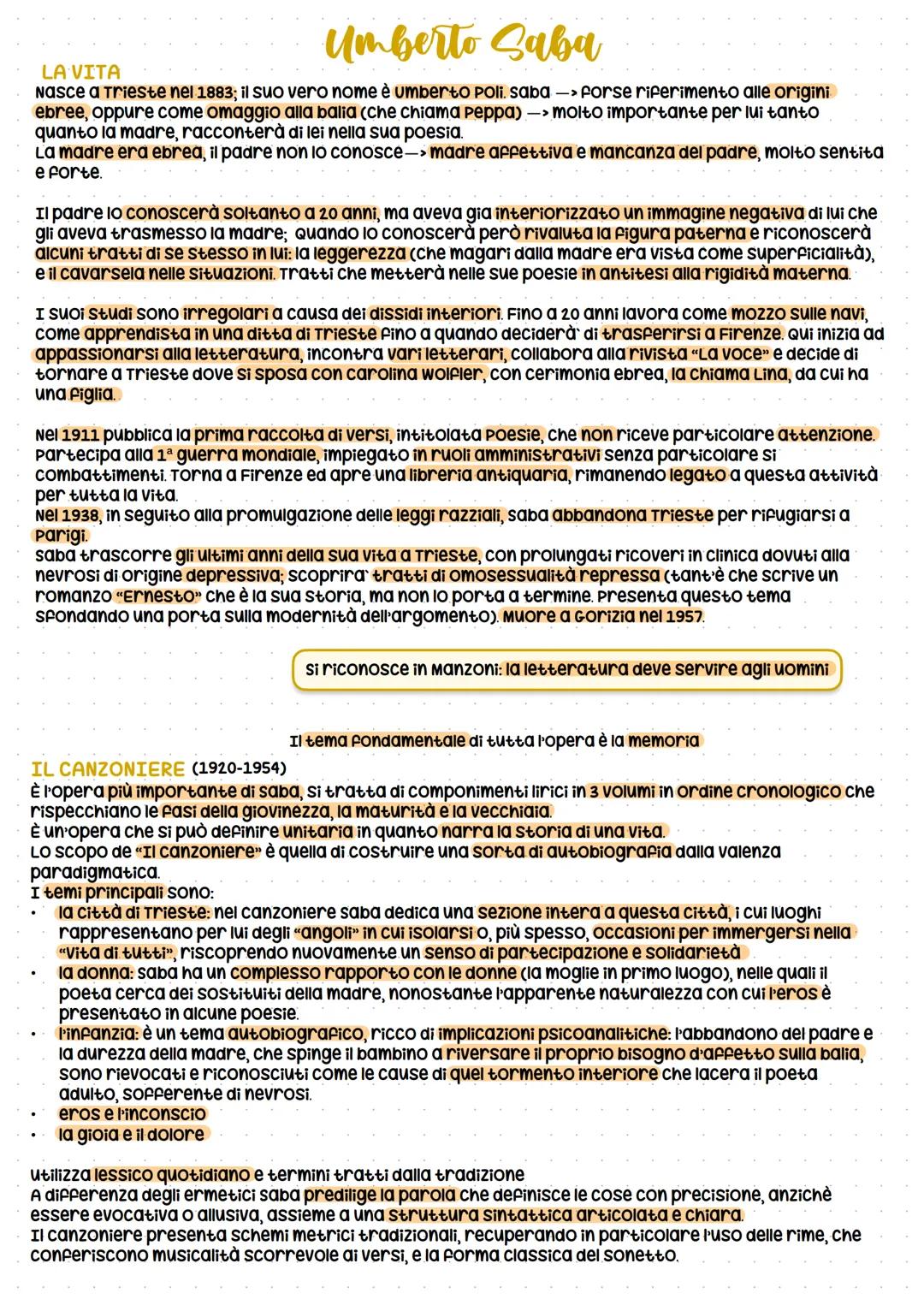 # Umberto Saba
LA VITA
Nasce a Trieste nel 1883; il suo vero nome è umberto Poli. saba -> forse riferimento alle origini
ebree, oppure come 
