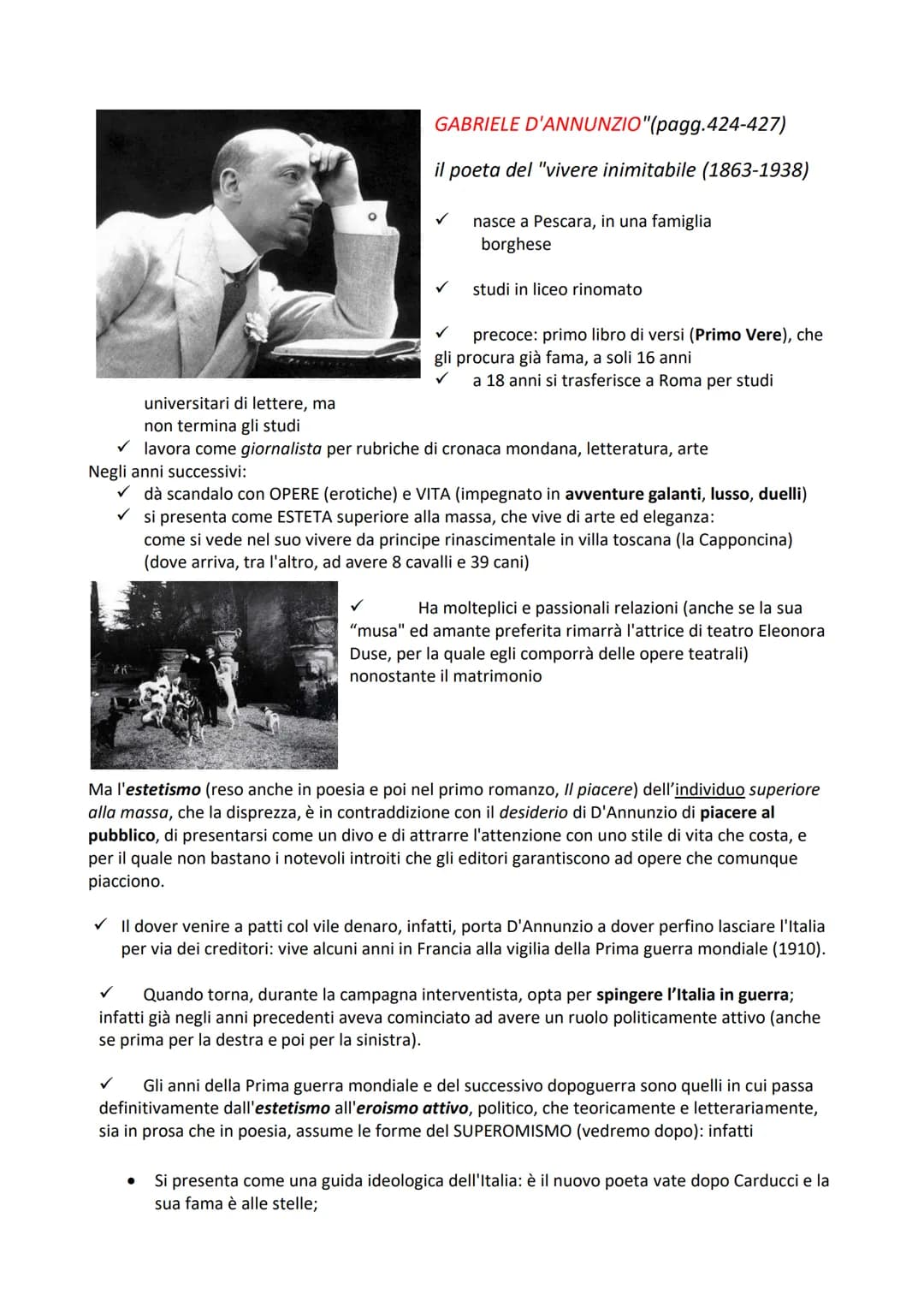 GABRIELE
D'ANNUNZIO"(pagg.424-427)
il poeta del "vivere inimitabile (1863-1938)
nasce a Pescara, in una famiglia
borghese
studi in liceo rin