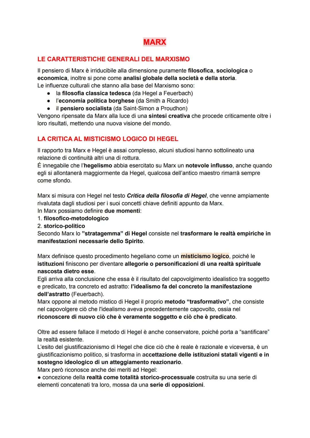 MARX
LE CARATTERISTICHE GENERALI DEL MARXISMO
Il pensiero di Marx è irriducibile alla dimensione puramente filosofica, sociologica o
economi