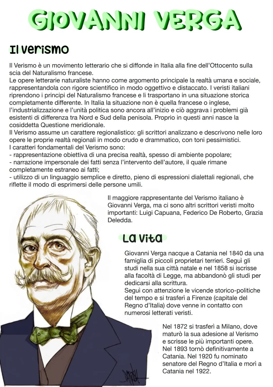 GIOVANNI VERGA
Il verismo
Il Verismo è un movimento letterario che si diffonde in Italia alla fine dell'Ottocento sulla
scia del Naturalismo