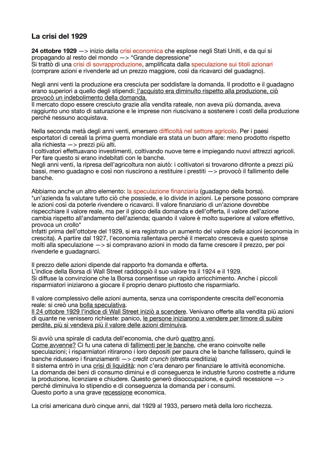 La crisi del 1929
24 ottobre 1929 -> inizio della crisi economica che esplose negli Stati Uniti, e da qui si
propagando al resto del mondo -