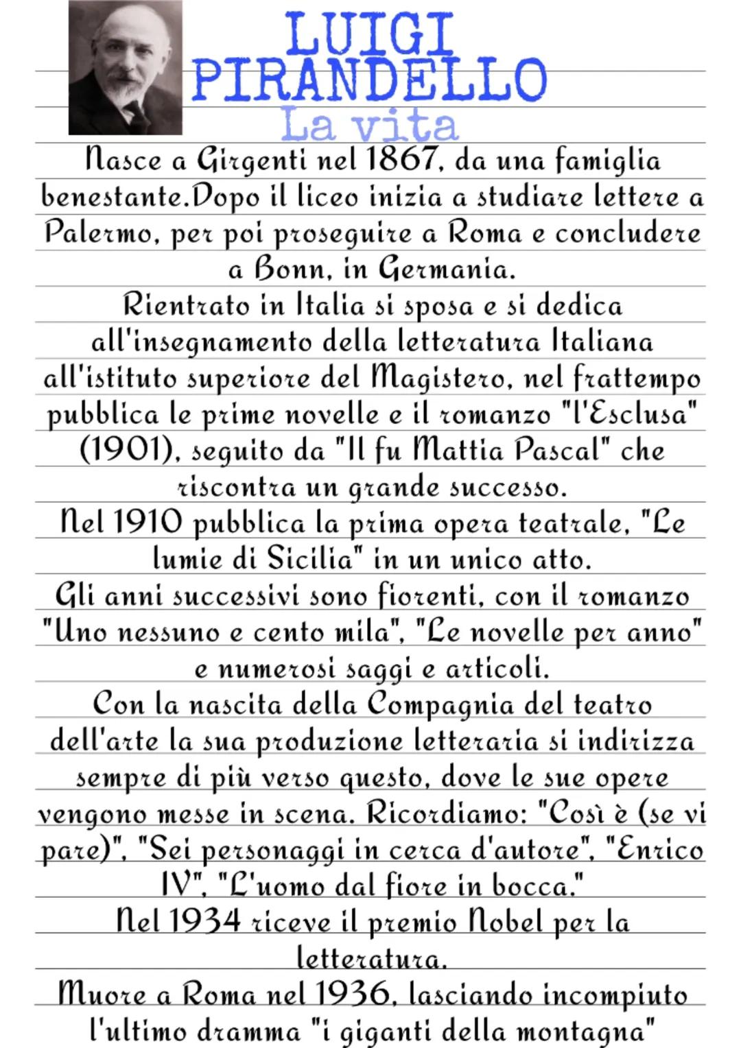 # LUIGI
# PIRANDELLO
## La vita
Nasce a Girgenti nel 1867, da una famiglia
benestante. Dopo il liceo inizia a studiare lettere a
Palermo, pe