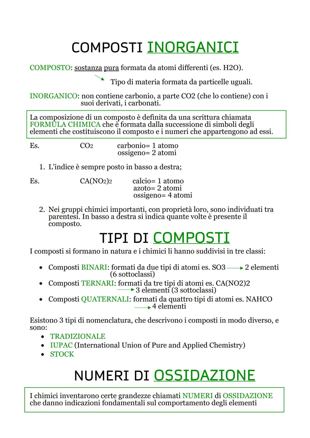 COMPOSTI INORGANICI
COMPOSTO: sostanza pura formata da atomi differenti (es. H20).
Tipo di materia formata da particelle uguali.
INORGANICO: