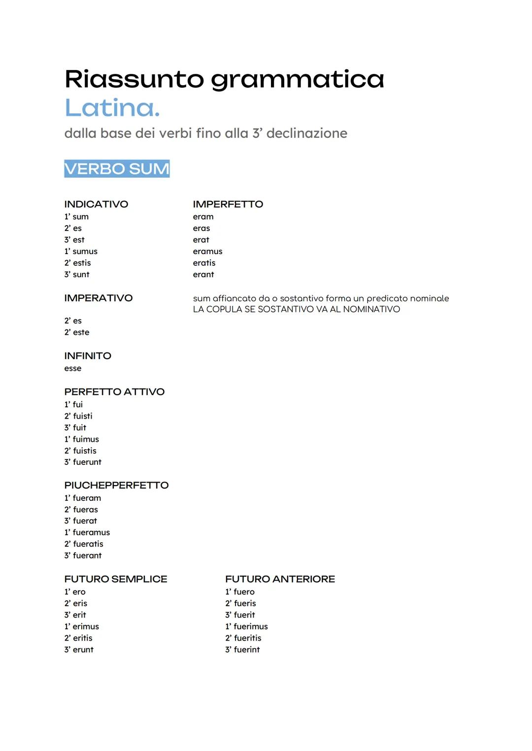 # Riassunto grammatica
Latina.

dalla base dei verbi fino alla 3' declinazione

VERBO SUM

INDICATIVO
IMPERFETTO
1' sum
eram
2' es
eras
3' e