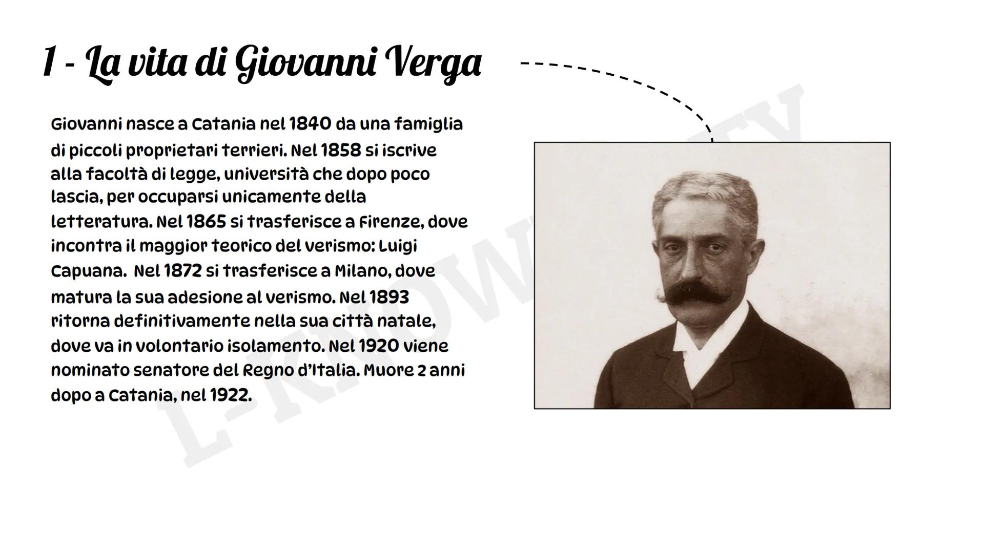 \“Giovanni Verga\”

La vita e le opere # 1 - La vita di Giovanni Verga

Giovanni nasce a Catania nel 1840 da una famiglia
di piccoli proprie