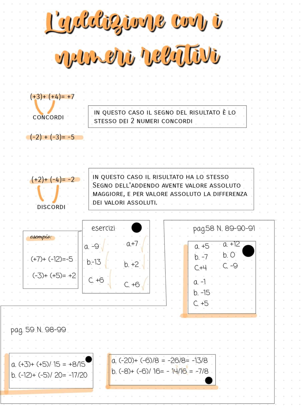 L'addizione con i
numeri relativi
(+3)+ (+4)= +7
CONCORDI
(-2) + (-3)= -5
(+2)+(-4)= -2
()
DISCORDI
esempio:
(+7)+ (-12)=-5
(-3)+ (+5)= +2
p