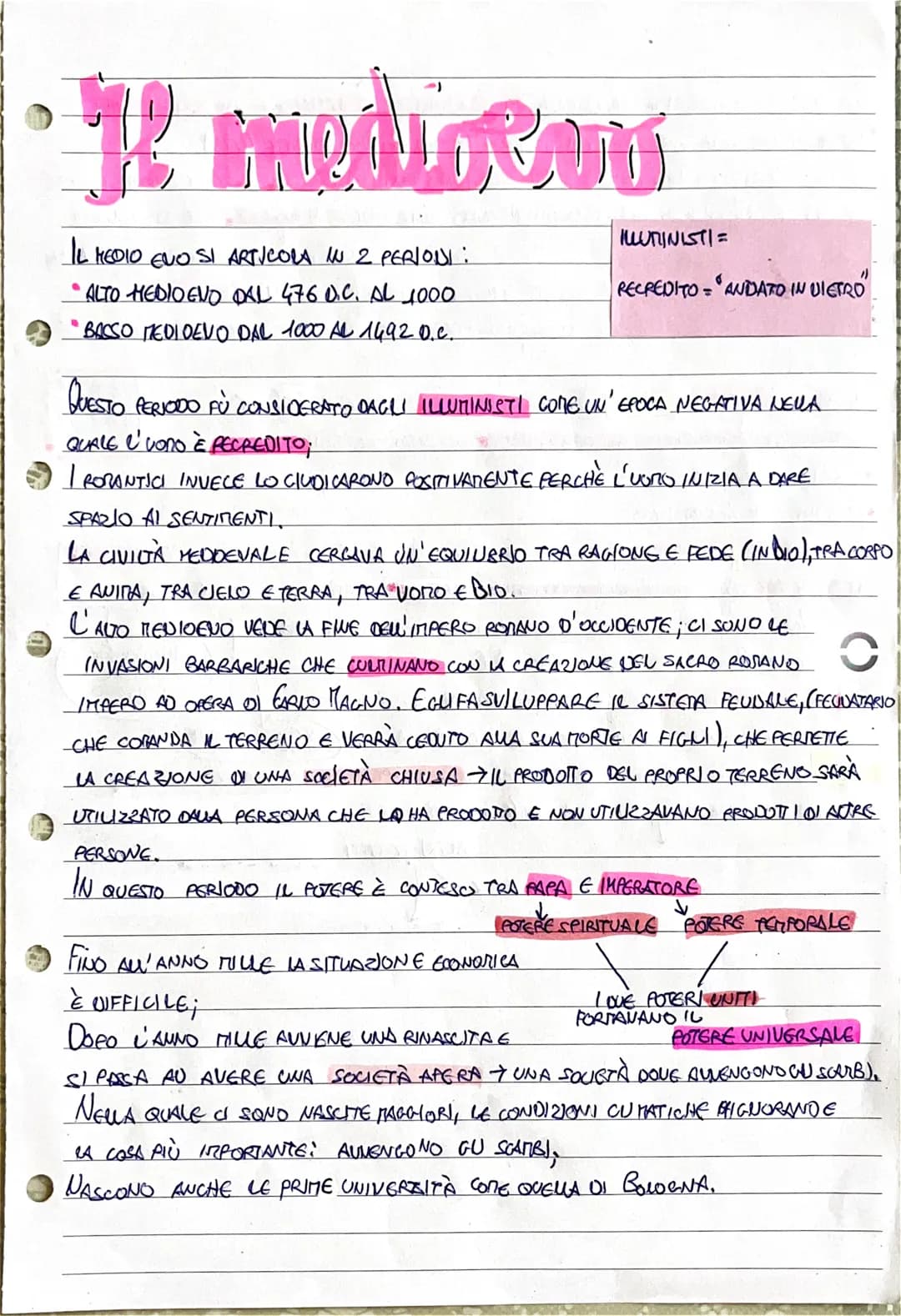 • K Fredincm
IL MEDIO ENO SI ARTICOLA IN 2 PERIONI:
•ALTO MEDIOEVO DAL 476 D.C. AL 1000
BACSO MEDIOEVO DAL 1000 AL 1492 0.c..
ILUMINISTI=
PU