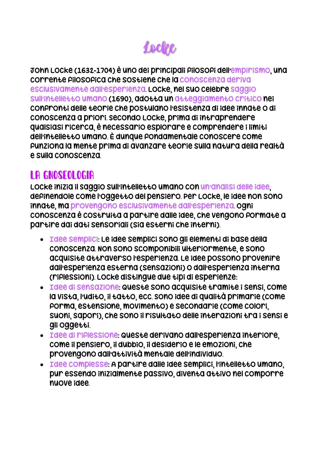 Locke
John Locke (1632-1704) è uno dei principali filosofi dell'empirismo, una
corrente filosofica che sostiene che la conoscenza deriva
esc