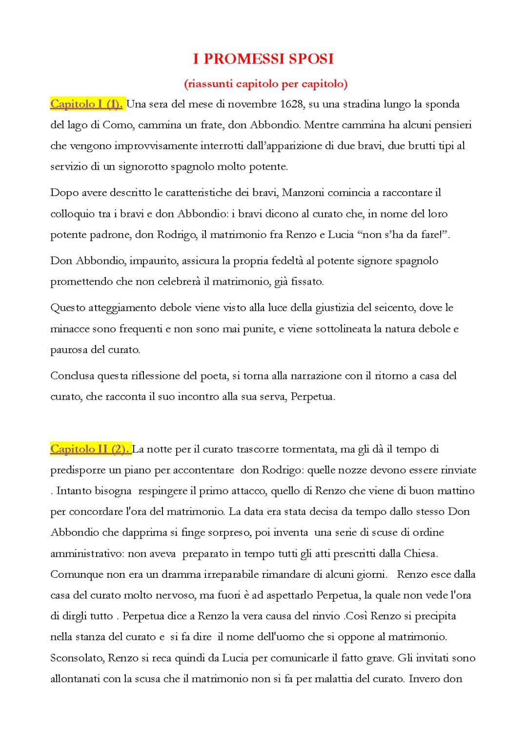 Sintesi capitoli promessi sposi 