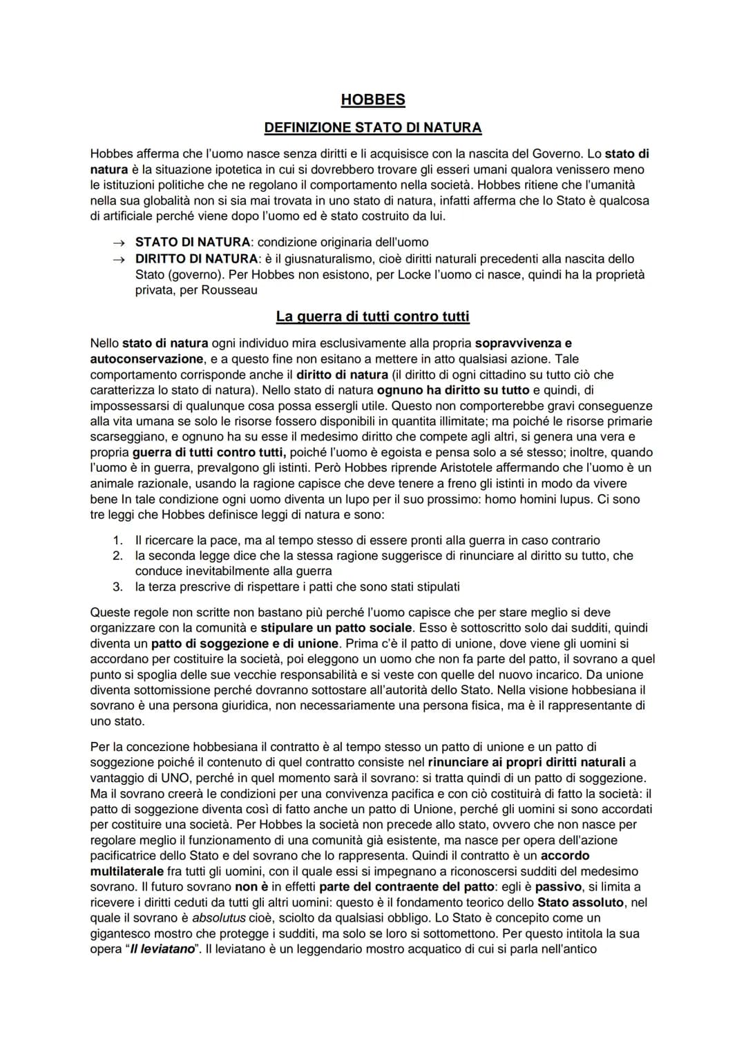 HOBBES
DEFINIZIONE STATO DI NATURA
Hobbes afferma che l'uomo nasce senza diritti e li acquisisce con la nascita del Governo. Lo stato di
nat