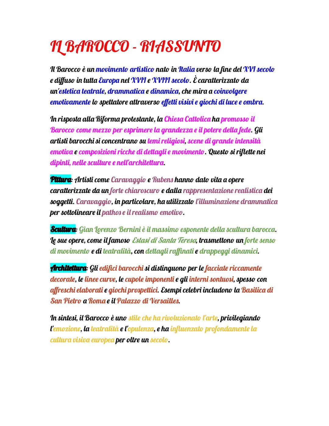 Il Barocco: Riassunto Completo