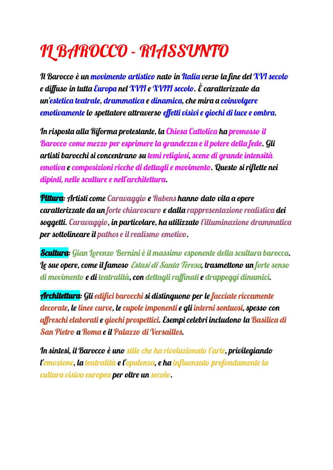 IL BAROCCO-RIASSUNTO
Il Barocco è un movimento artistico nato in Italia verso la fine del XVI secolo
e diffuso in tutta Europa nel XVII e XV