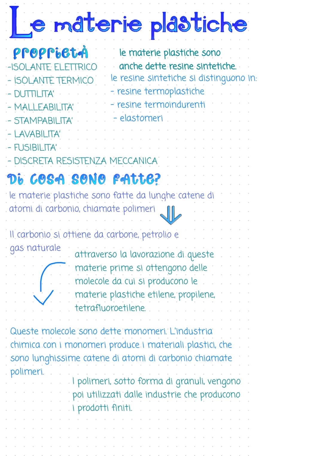 Le materie plastiche
proprietà
le materie plastiche sono
-ISOLANTE ELETTRICO
- ISOLANTE TERMICO
- DUTTILITA'
anche dette resine sintetiche..