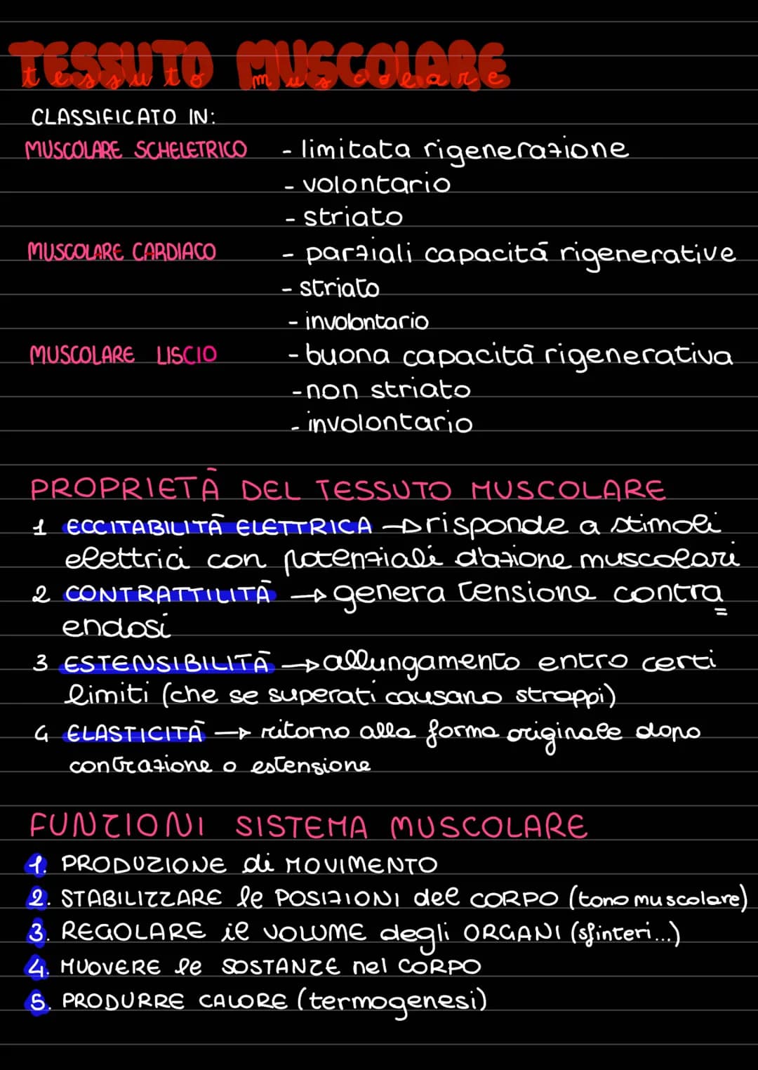 <h2 id="riassuntosultessutomuscolare">Riassunto sul Tessuto Muscolare</h2>
<p>Il tessuto muscolare può essere classificato in tre tipi princ