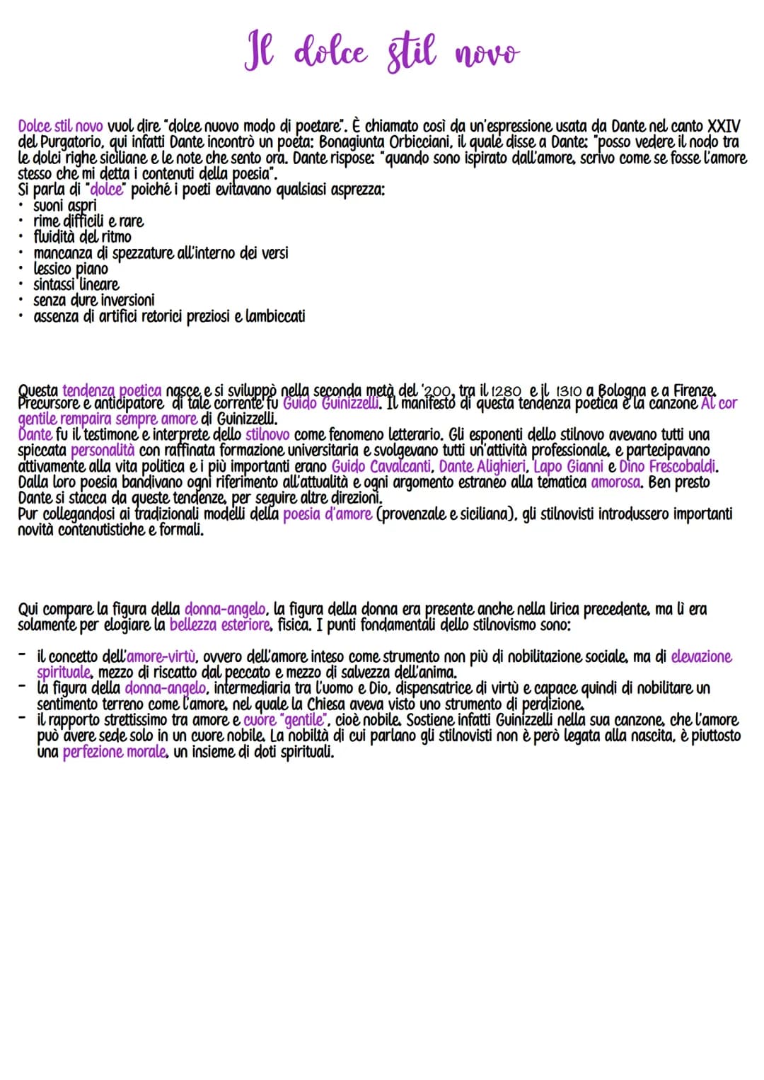 Il dolce stil novo
Dolce stil novo vuol dire "dolce nuovo modo di poetare". È chiamato così da un'espressione usata da Dante nel canto XXIV
