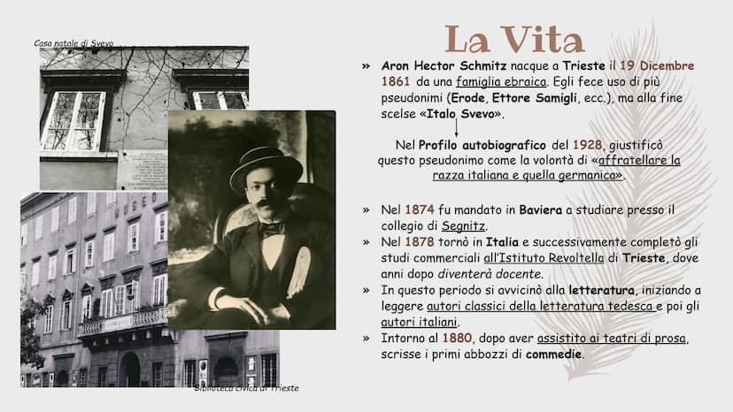 Italo Svevo
(1861/1928) Casa natale di Svevo
ACCIAIO ROSSE
DOMENATALI
IL 19 DICEMBRE
ETTORE SCHMIT
CHE COL NOME DI
ITALO SVEVO
SCRITTORE E R