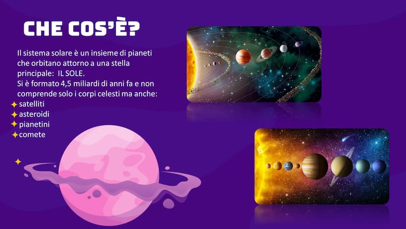 IL SISTEMA SOLARE CHE COS'È?
Il sistema solare è un insieme di pianeti
che orbitano attorno a una stella
principale: IL SOLE.
Si è formato 4