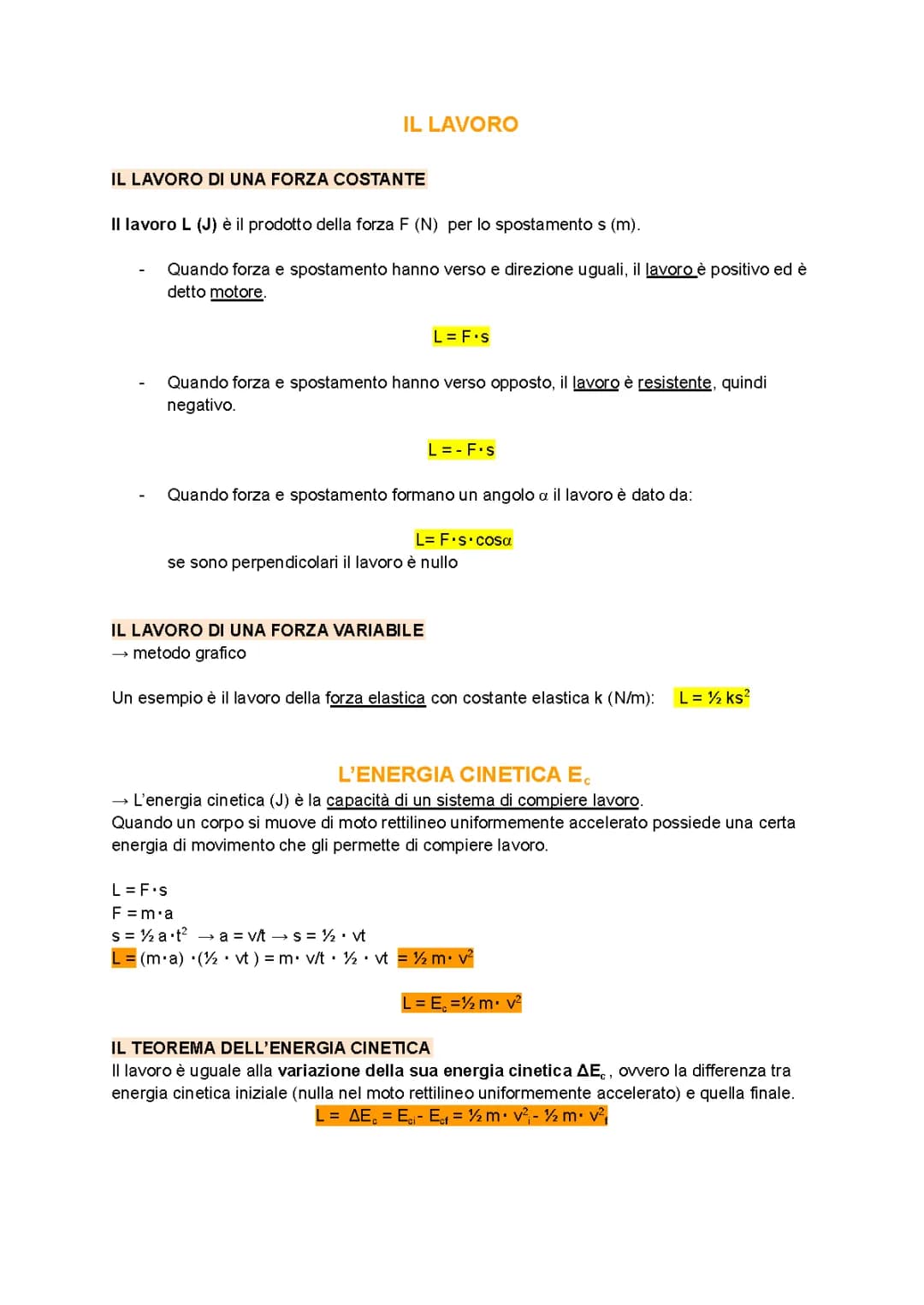 Formule e Teoremi sull'Energia Meccanica e il Lavoro