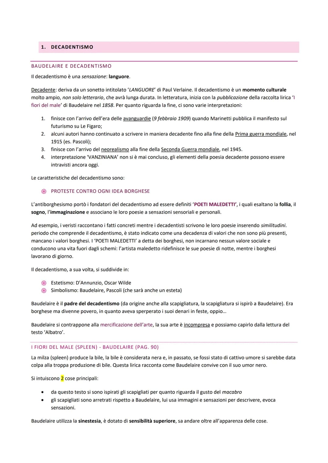 1. DECADENTISMO
BAUDELAIRE E DECADENTISMO
Il decadentismo è una sensazione: languore.
Decadente: deriva da un sonetto intitolato 'LANGUORE' 