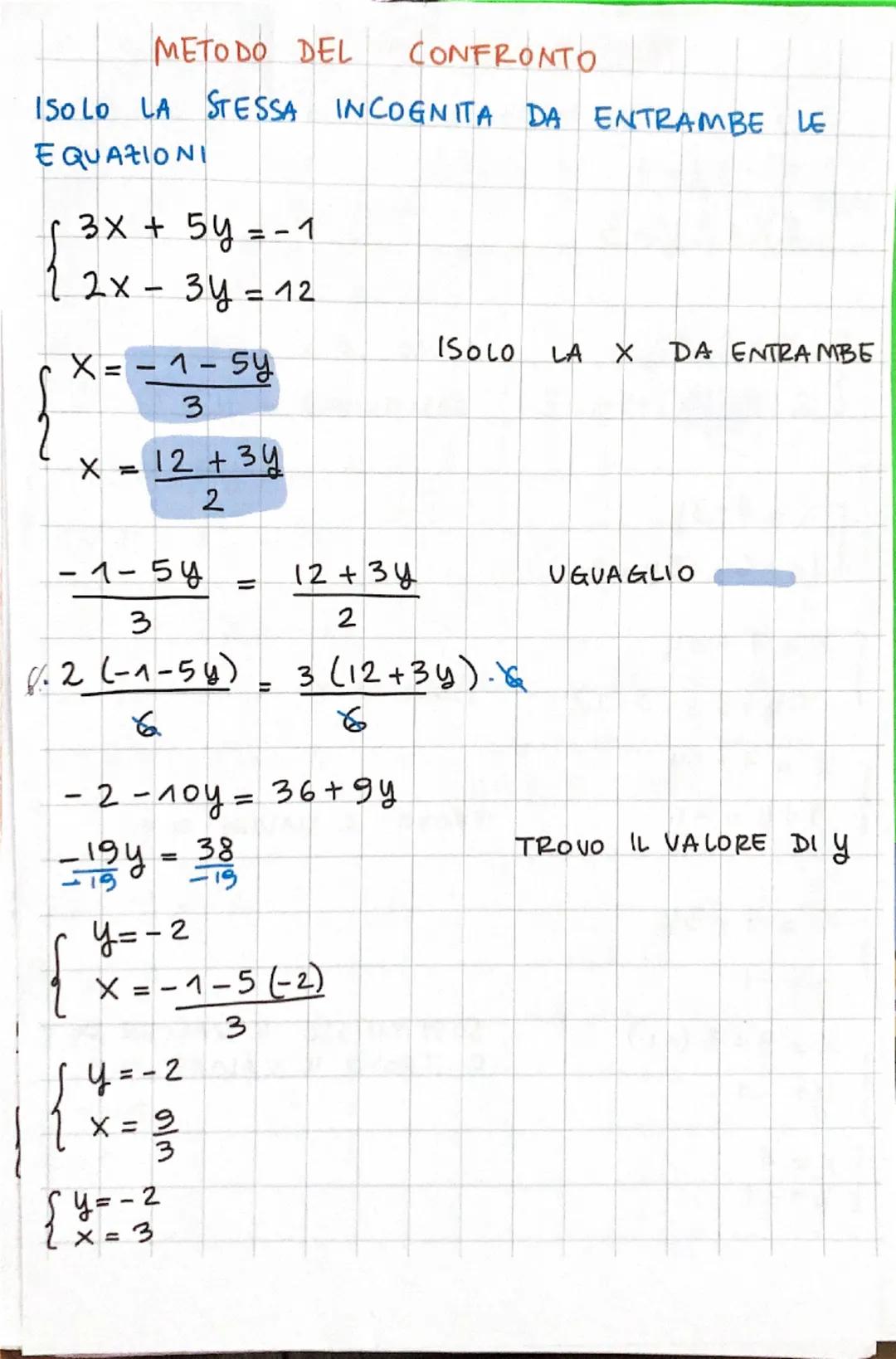 METODO DI SOSTITUZIONE
ISOLO UNA DELLE INCOGNITE DA UNA DELLE DUE EQ.NI
\{ \begin{aligned} x - 3y &= 7 \\ 2x + 5y &= 3 \end{aligned} \}
\{ \