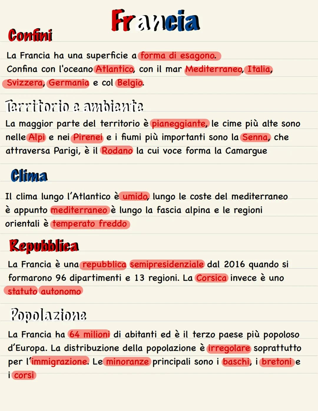 Francia
Confini
La Francia ha una superficie a forma di esagono.
Confina con l'oceano Atlantico, con il mar Mediterraneo, Italia,
Svizzera, 