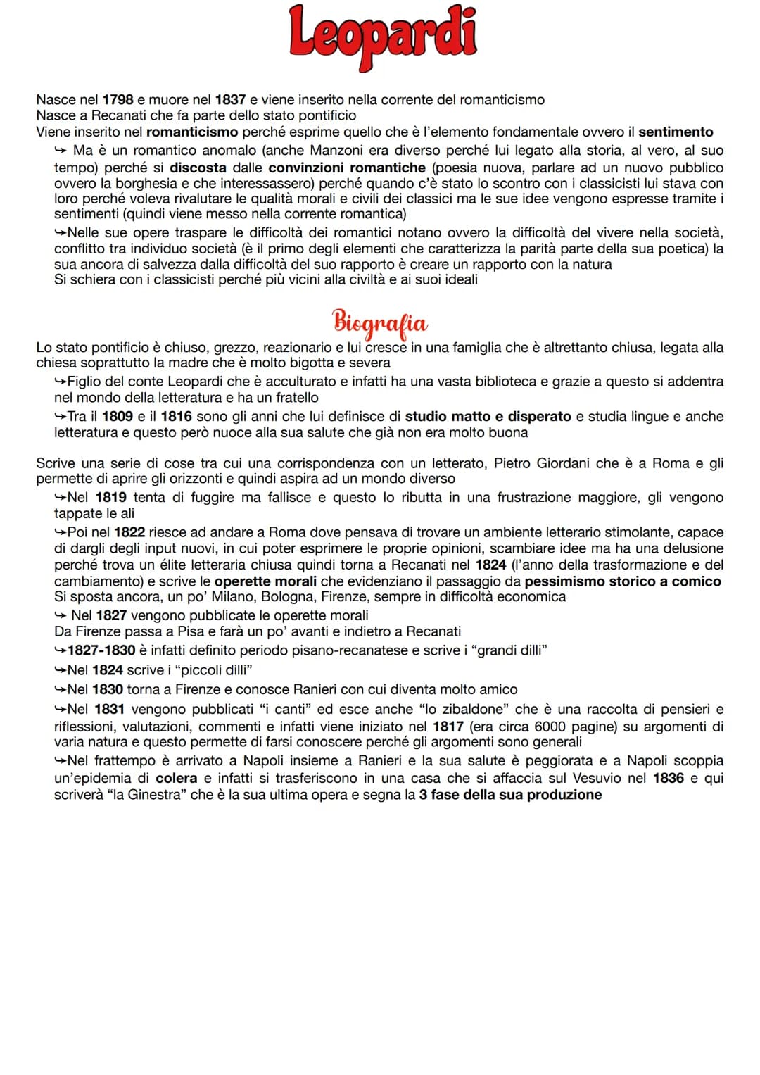 Leopardi
Nasce nel 1798 e muore nel 1837 e viene inserito nella corrente del romanticismo
Nasce a Recanati che fa parte dello stato pontific