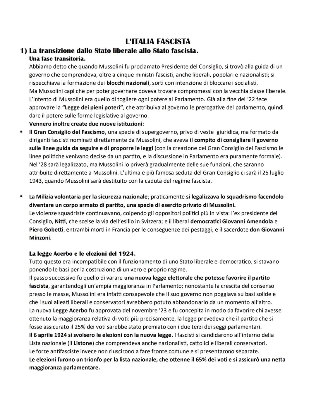 L'ITALIA FASCISTA
1) La transizione dallo Stato liberale allo Stato fascista.
Una fase transitoria.
Abbiamo detto che quando Mussolini fu pr