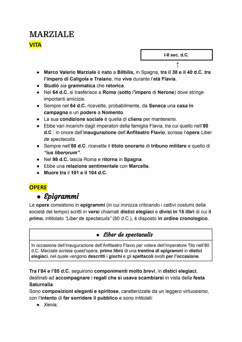 MARZIALE
VITA
I-II sec. d.C.
↑
● Marco Valerio Marziale è nato a Bilbilis, in Spagna, tra il 38 e il 40 d.C. tra
l'impero di Caligola e Trai