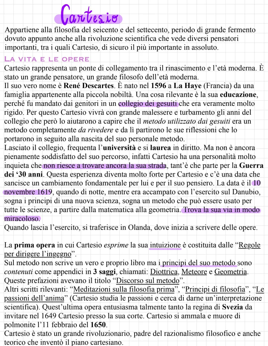 Cartesio
Appartiene alla filosofia del seicento e del settecento, periodo di grande fermento
dovuto appunto anche alla rivoluzione scientifi